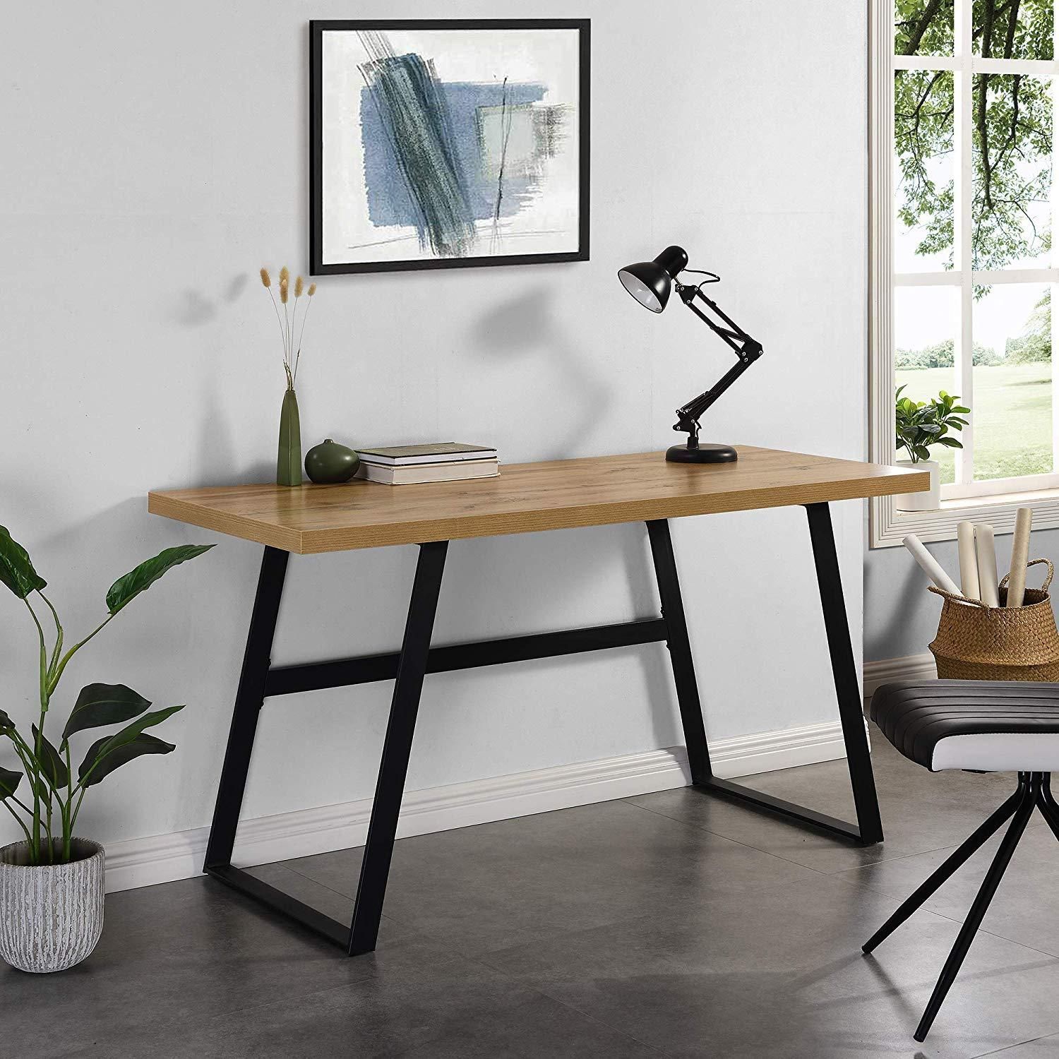 Kloten Oak Effect Desk With Black Metal Legs | Furniture, Home Office Within Walnut Wood And Black Metal Office Desks (View 14 of 15)