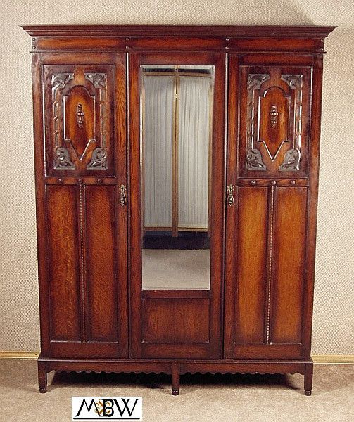 Large Antique Solid Oak 2 Door Armoire Wardrobe Closet C18b | Armoire Throughout Antique Brown 2 Door Wood Desks (View 3 of 15)