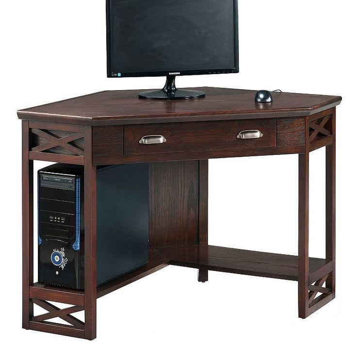 Leick Furniture Chocolate Oak Finish Corner Computer Desk | Corner Within Oak Corner Computer Writing Desks (View 8 of 15)