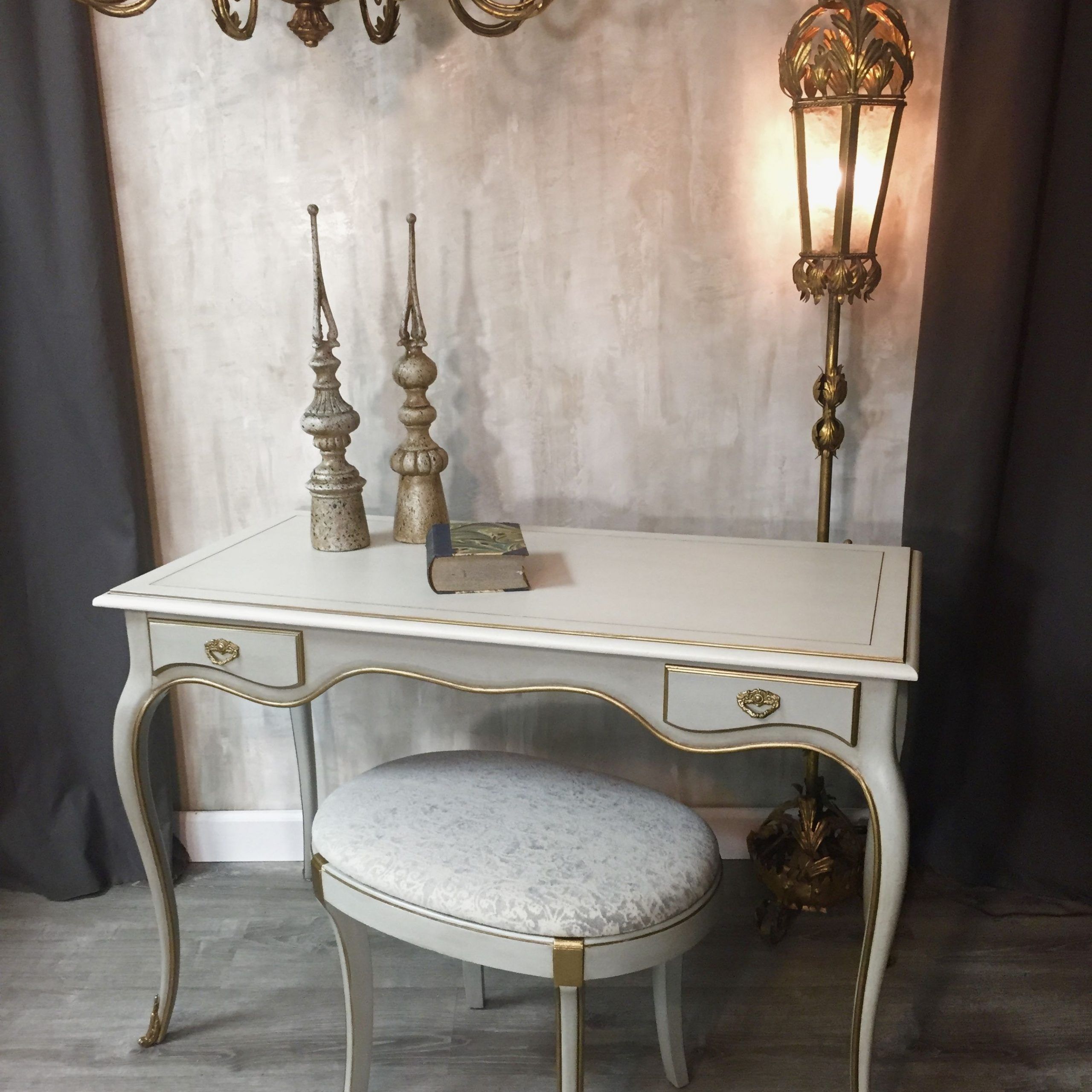 Lovely Desk/ Vanity In Pearlized Grey/blue W/ Gold Detailing And Regarding Gray And Gold 2 Drawer Desks (View 1 of 15)