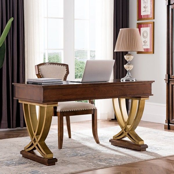 Luxury Rustic Vintage 55" Wood Office Writing Desk Walnut Gold Study With Black And Gold Writing Desks (View 1 of 15)