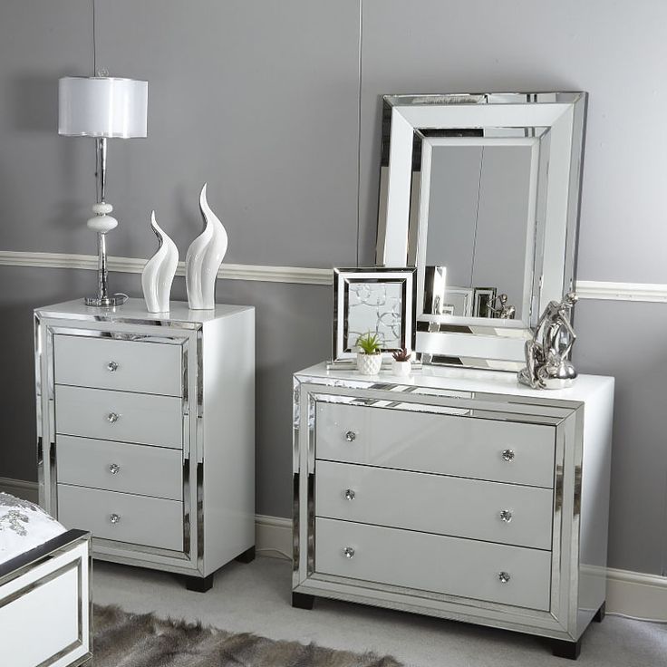 Madison White Glass 3 Drawer Mirrored Chest | Picture Perfect Home Throughout 3 Drawer Mirrored Small Desks (View 3 of 15)