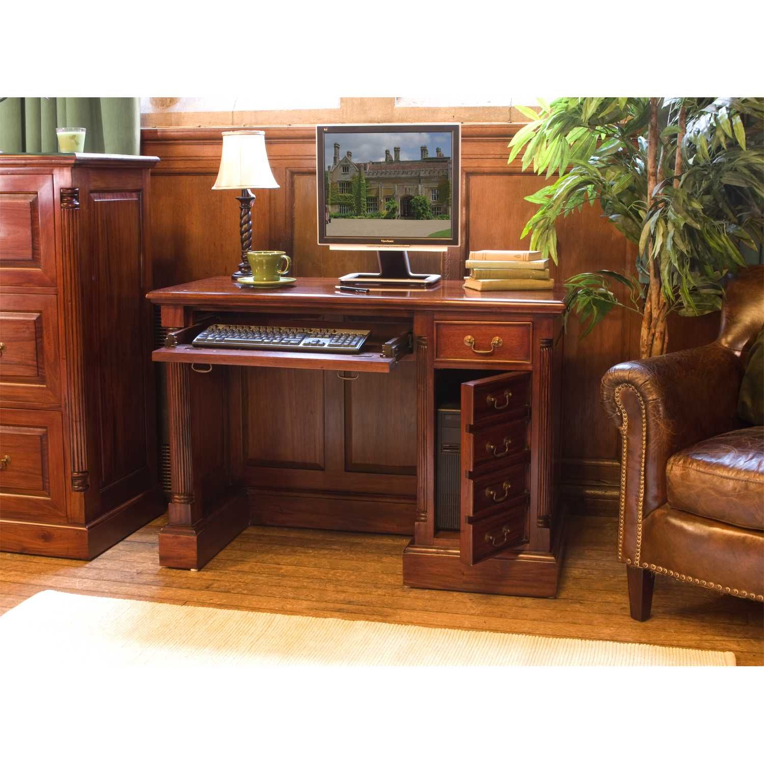Mahogany Dark Wood Single Pedestal Computer Desk With Keyboard Tray And With Regard To Wood And Metal Keyboard Tray Computer Desks (View 7 of 15)