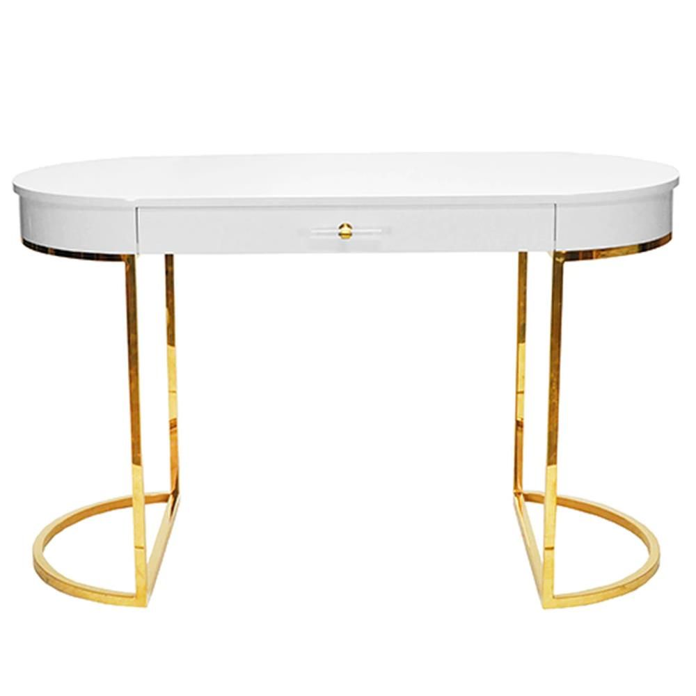 Mandy Modern Classic Brown White Lacquered Tabletop Gold Frame Oval Desk Intended For Lacquer And Gold Writing Desks (View 2 of 15)