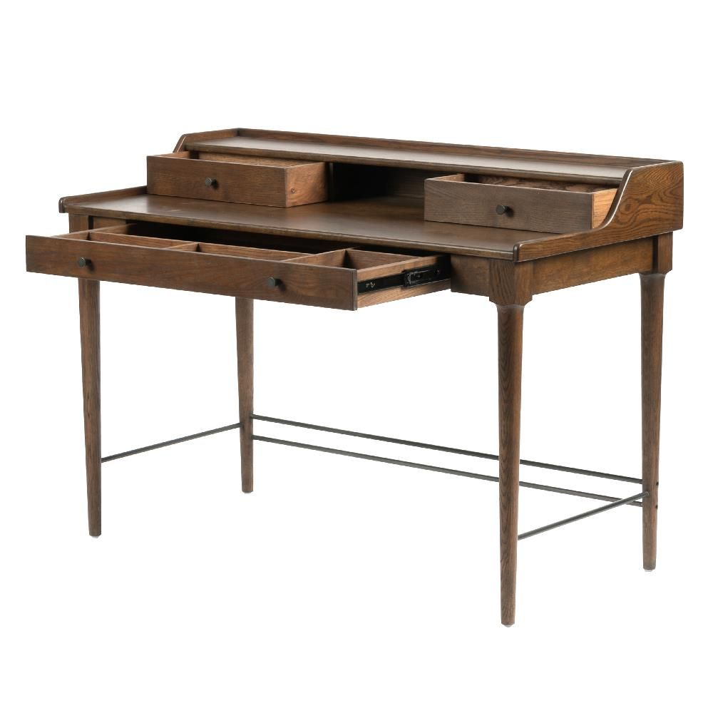 Marian Rustic Lodge Brown Oak Wood Writing Desk | Kathy Kuo Home Throughout Rustic Acacia Wooden Writing Desks (View 12 of 15)