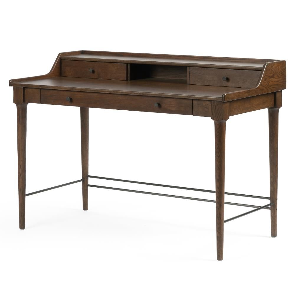 Marian Rustic Lodge Brown Oak Wood Writing Desk | Kathy Kuo Home With Regard To Rustic Acacia Wooden Writing Desks (View 8 of 15)