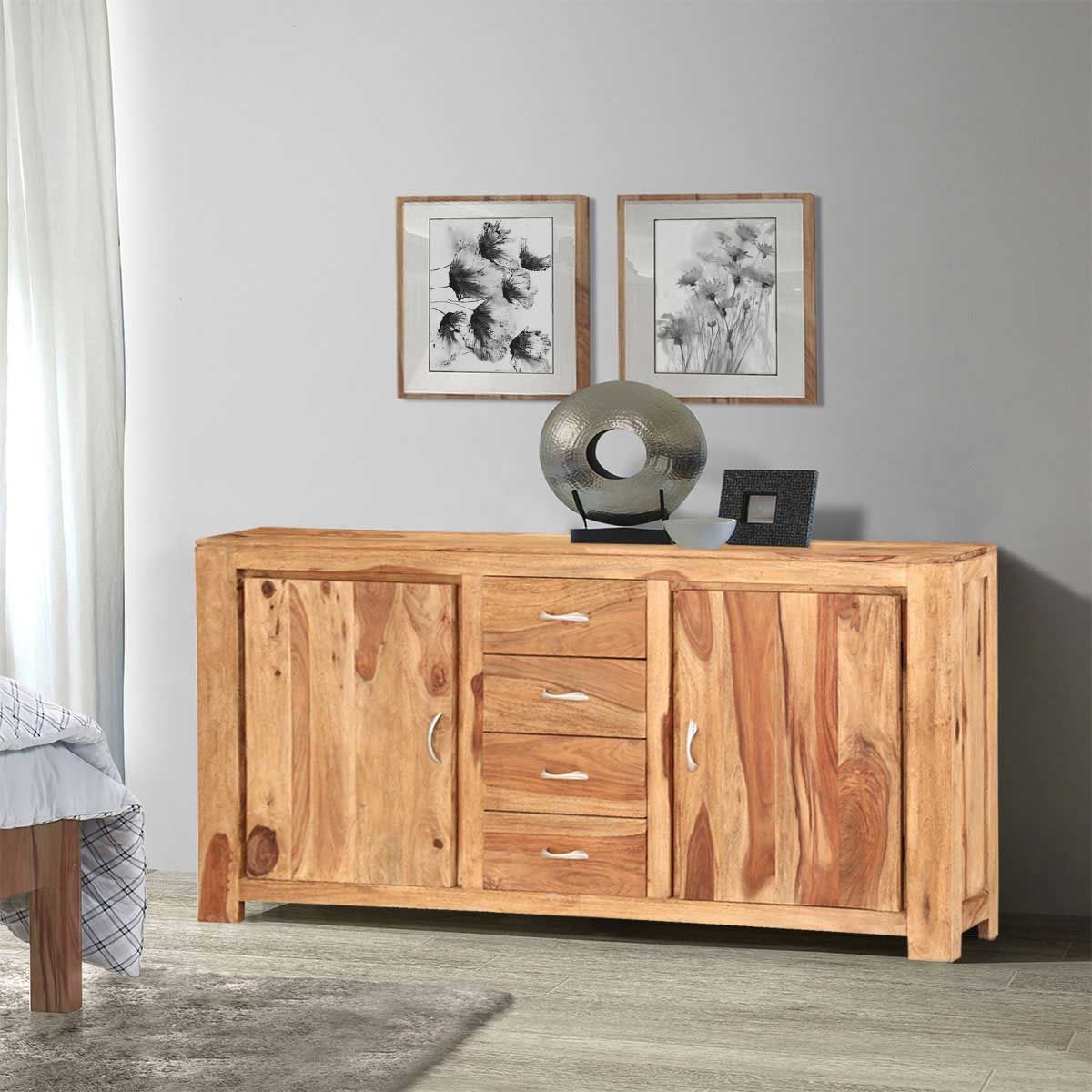 Mercer Natural Solid Wood 4 Drawer Rustic Sideboard Cabinet With Regard To Wood Sideboards (View 9 of 18)