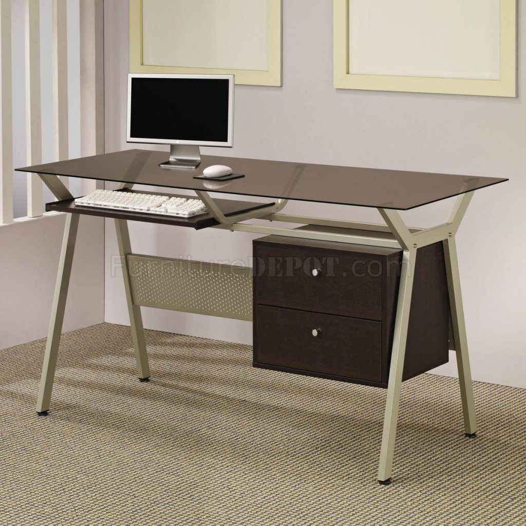 Metal Base & Smoked Glass Modern Home Office Desk W/two Drawers Regarding Metal And Glass Work Station Desks (View 13 of 15)