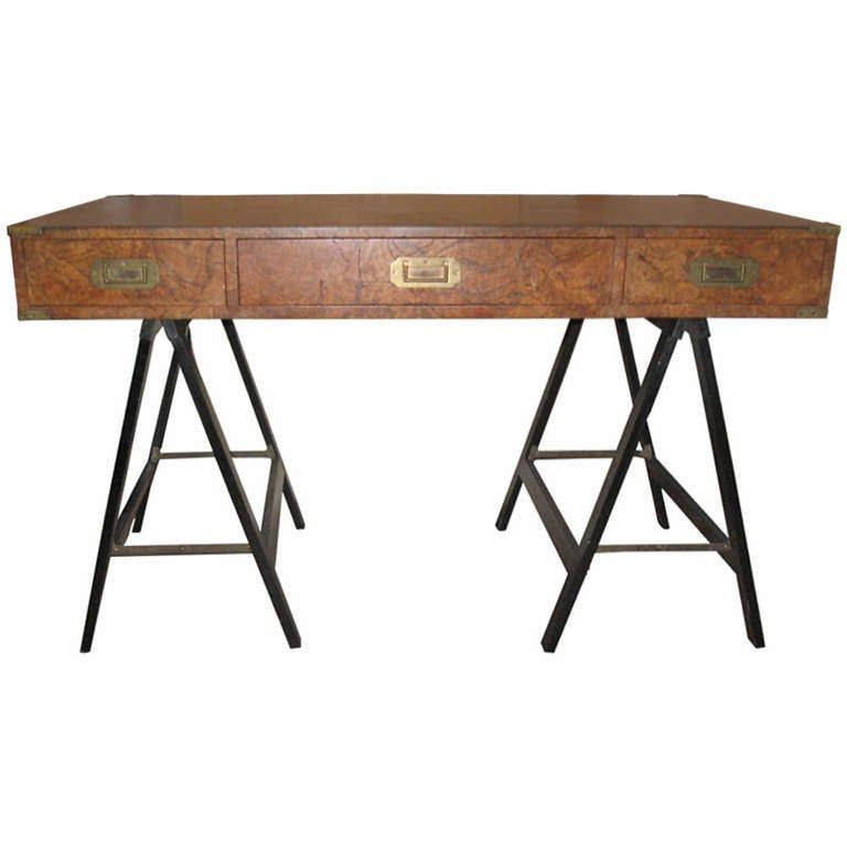 Mid Century Burl Wood Campaign Desk For Sale At 1stdibs With Regard To Blue And White Wood Campaign Desks (View 8 of 15)