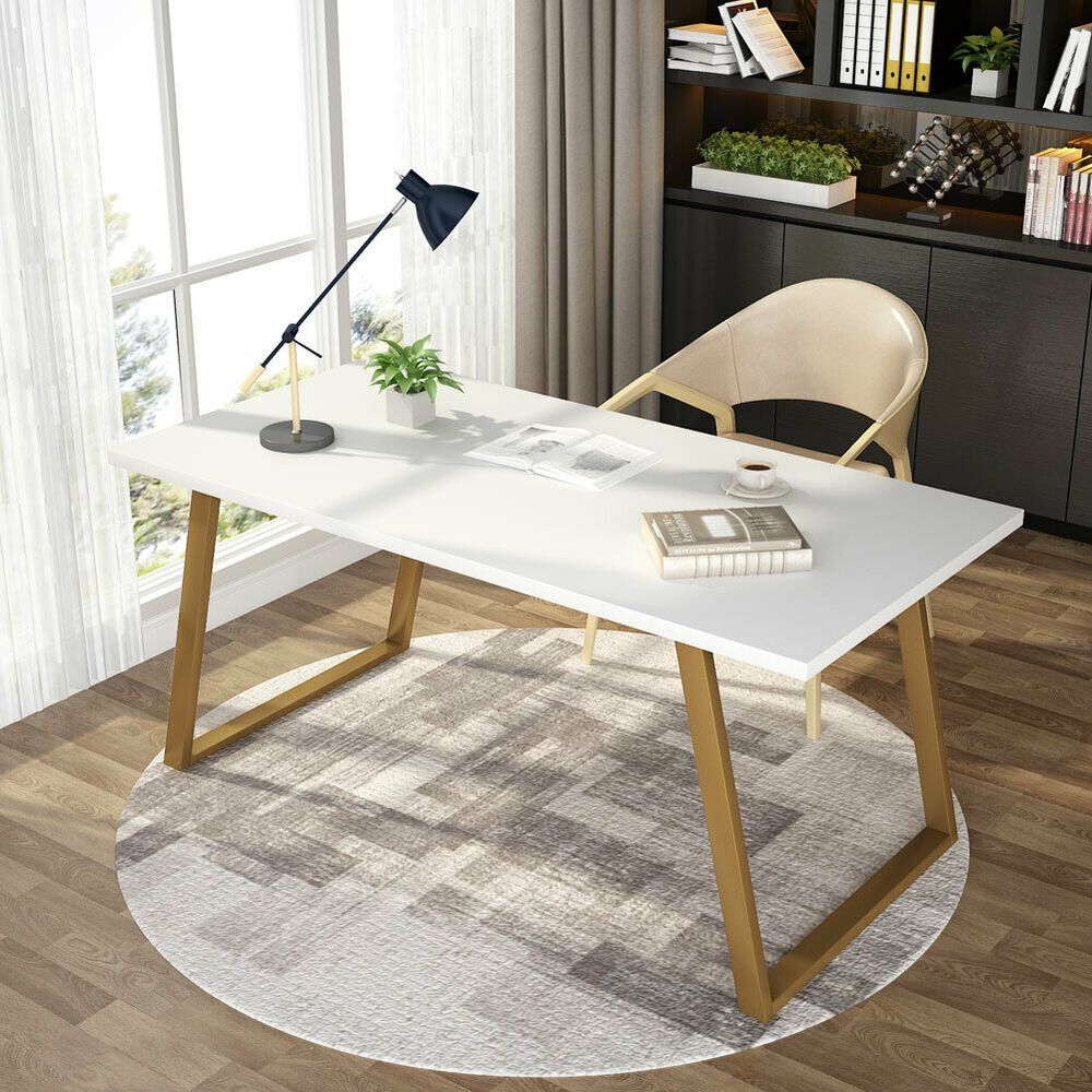 Minimalist 55''l Writing Desk With Slanted Gold Metal Frame White For Gold And Blue Writing Desks (View 6 of 15)