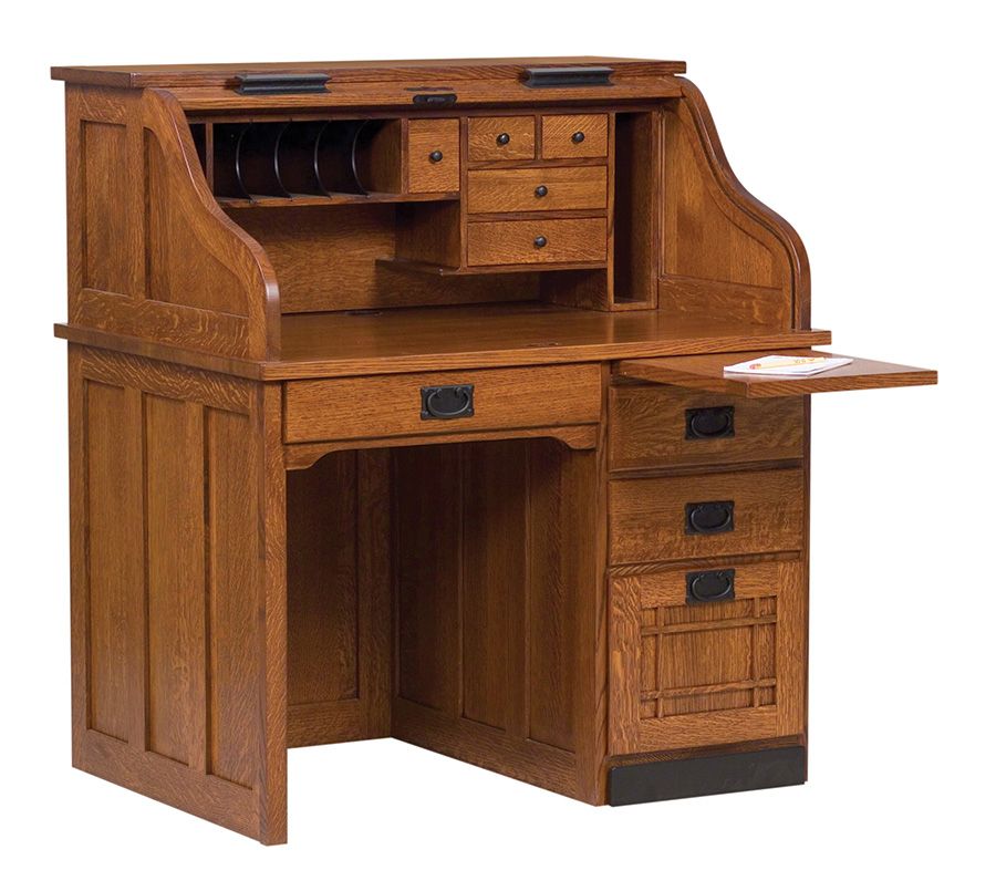 Mission Single Pedestal Roll Top Desk In Office | Amish Furniture With Hickory Wood 5 Drawer Pedestal Desks (View 5 of 15)