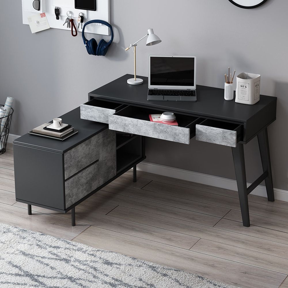 Modern Black L Shaped Desk With Drawers & Storage Rotatable Cabinet Regarding Executive Desks With Dual Storage (View 11 of 15)