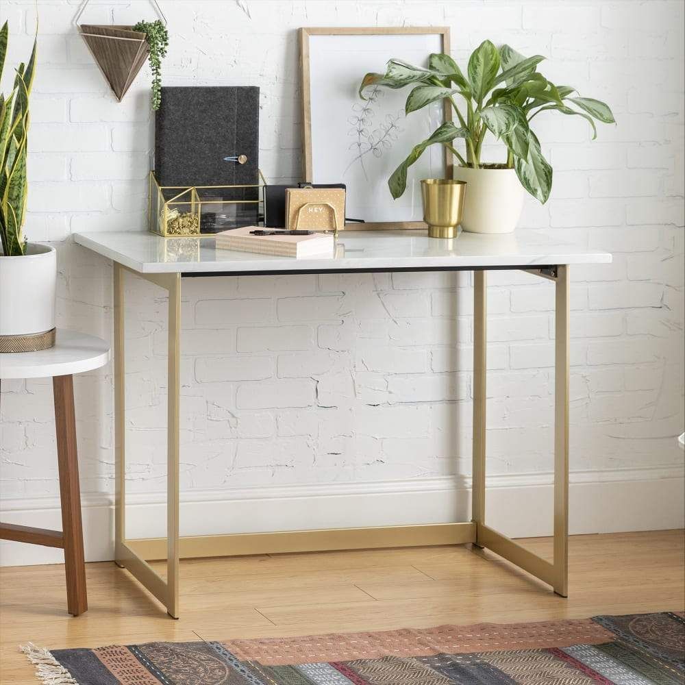 Modern Glam Faux Marble And Gold Narrow Leg Writing Desk White 20" X 42 Inside Brown Faux Marble Writing Desks (View 1 of 15)