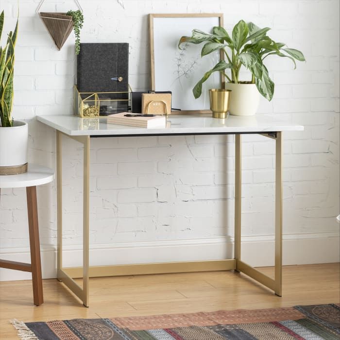 Modern Glam Faux White Marble And Gold Narrow Leg Writing Desk — Pier 1 In Gold And Olive Writing Desks (View 9 of 15)