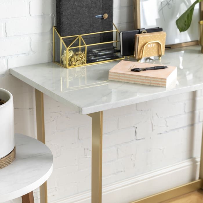 Modern Glam Faux White Marble And Gold Narrow Leg Writing Desk — Pier 1 Intended For Gold And Wood Glam Modern Writing Desks (View 11 of 15)