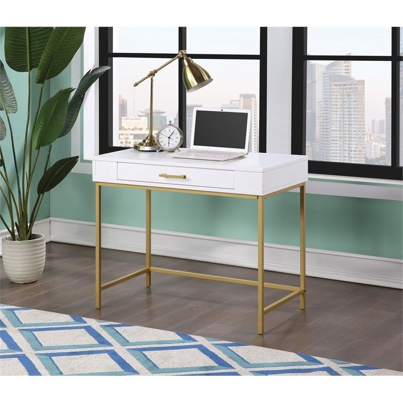 Modern Life Desk In White Finish With Gold Metal Legs – Mdr36 Wh Intended For White Finish Glass Top Desks (View 2 of 15)