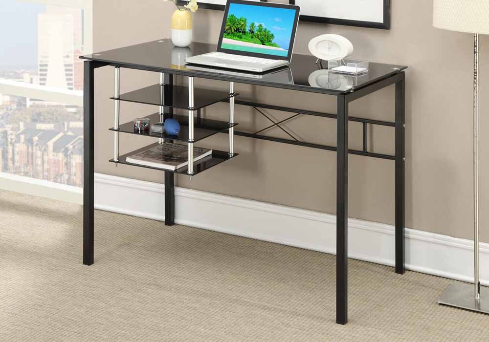 Modern Simple Black Computer Writing Office Desk 3 Shelves Storage With Glass Walnut Wood And Black Metal Office Desks (View 6 of 15)