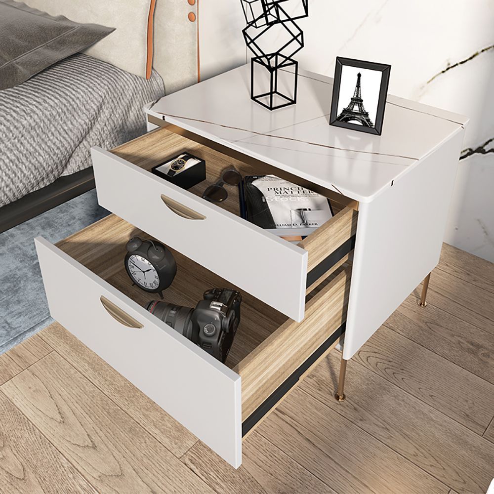 Modern White Nightstand Luxury Stone Top 2 Drawer Lacquered Bedside Table Intended For White Lacquer 2 Drawer Desks (View 2 of 15)