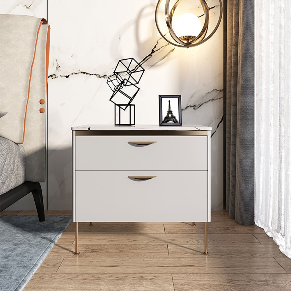 Modern White Nightstand Luxury Stone Top 2 Drawer Lacquered Bedside Table With Regard To White Lacquer 2 Drawer Desks (View 1 of 15)