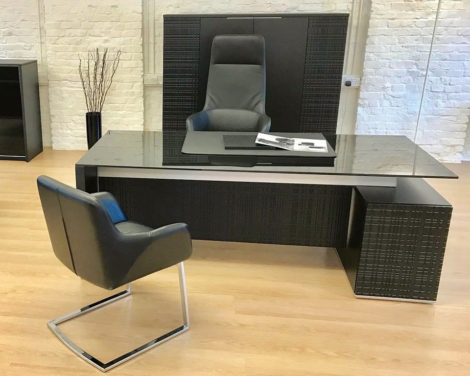 Modi Luxury Black Glass Executive Desks With Rectangular Or L  Shaped Pertaining To Metal And Glass Work Station Desks (View 10 of 15)