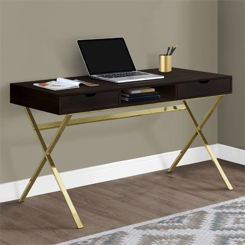Monarch 48" Modern Compact Writing Desk In Cappuccino And Gold – I 7210 With Regard To Gold And Olive Writing Desks (View 7 of 15)