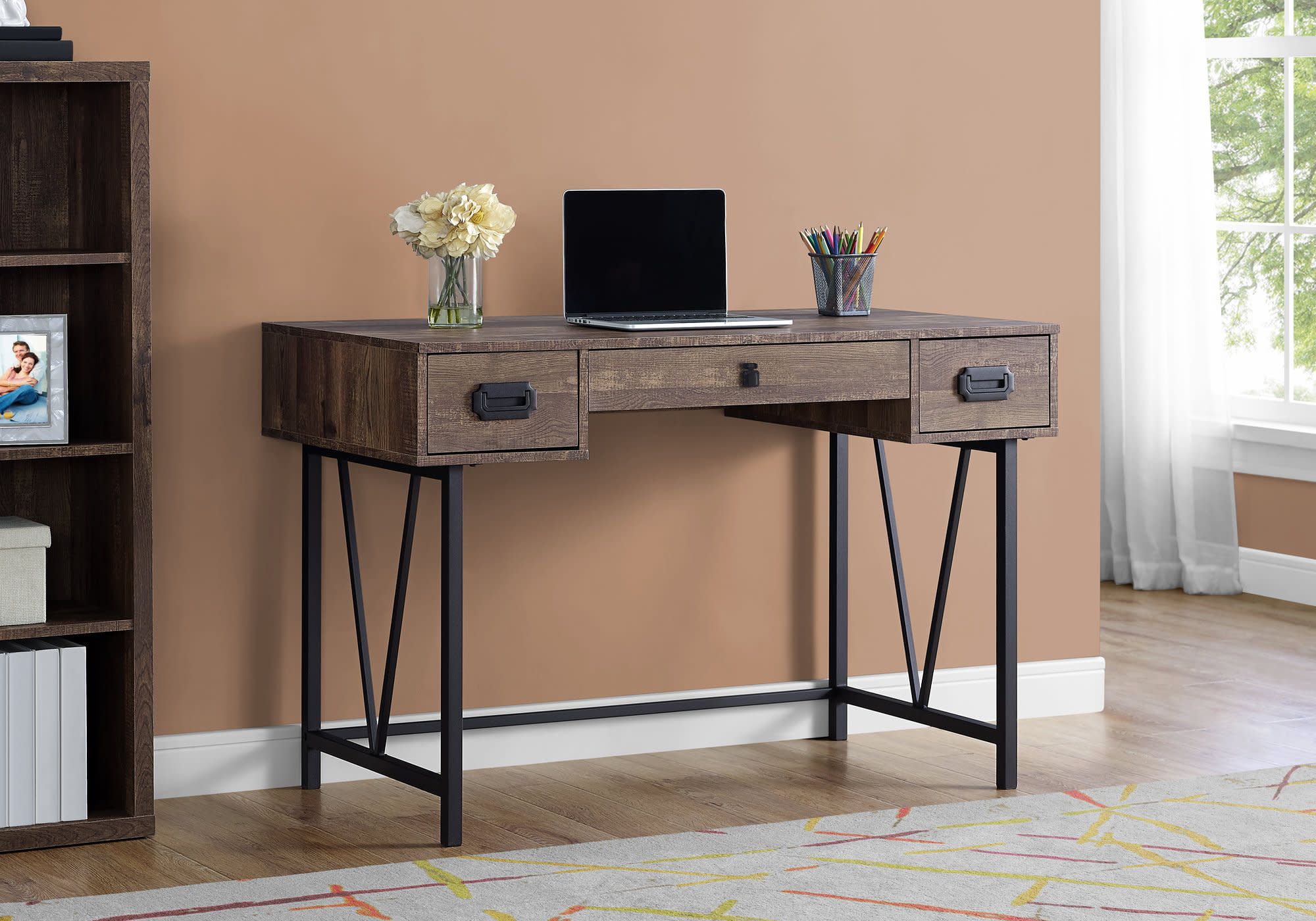 Monarch Specialties I 741d Brown 48"w Rustic 3 Drawer Writing Laptop Throughout Brown 4 Shelf Writing Desks (View 10 of 15)
