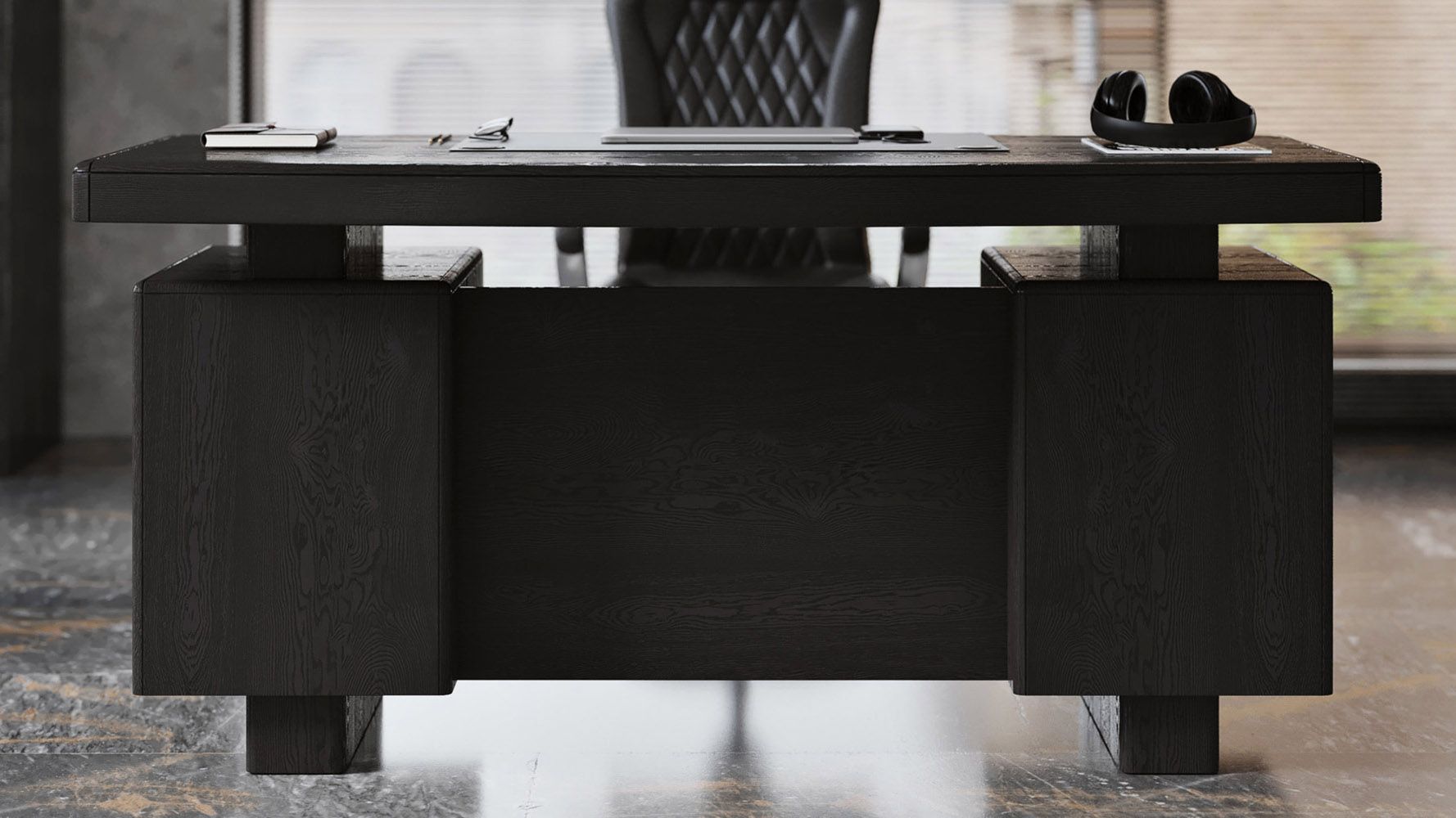 Monroe Black Wood Executive Desk | Modern & Contemporary Office | Zuri Pertaining To Black And Silver Modern Office Desks (View 14 of 15)