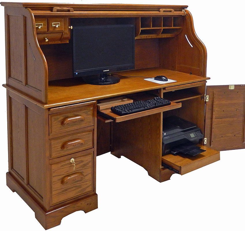 Oak Roll Top Computer Desk – In Stock | Computer Desk, Roll Top Desk Within Farmhouse Mission Oak Wood Laptop Desks (View 12 of 15)