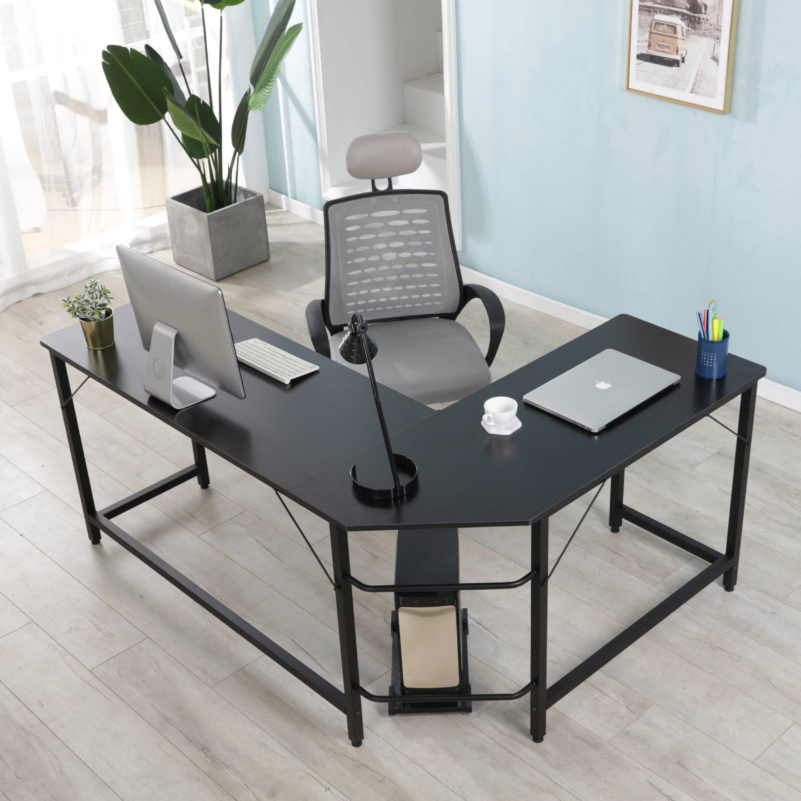 Office L Shaped Computer Desk, 66'' X 49'' X 30'' Corner Desk, Modern With Natural Wood And Black Metal Office Desks (View 8 of 15)