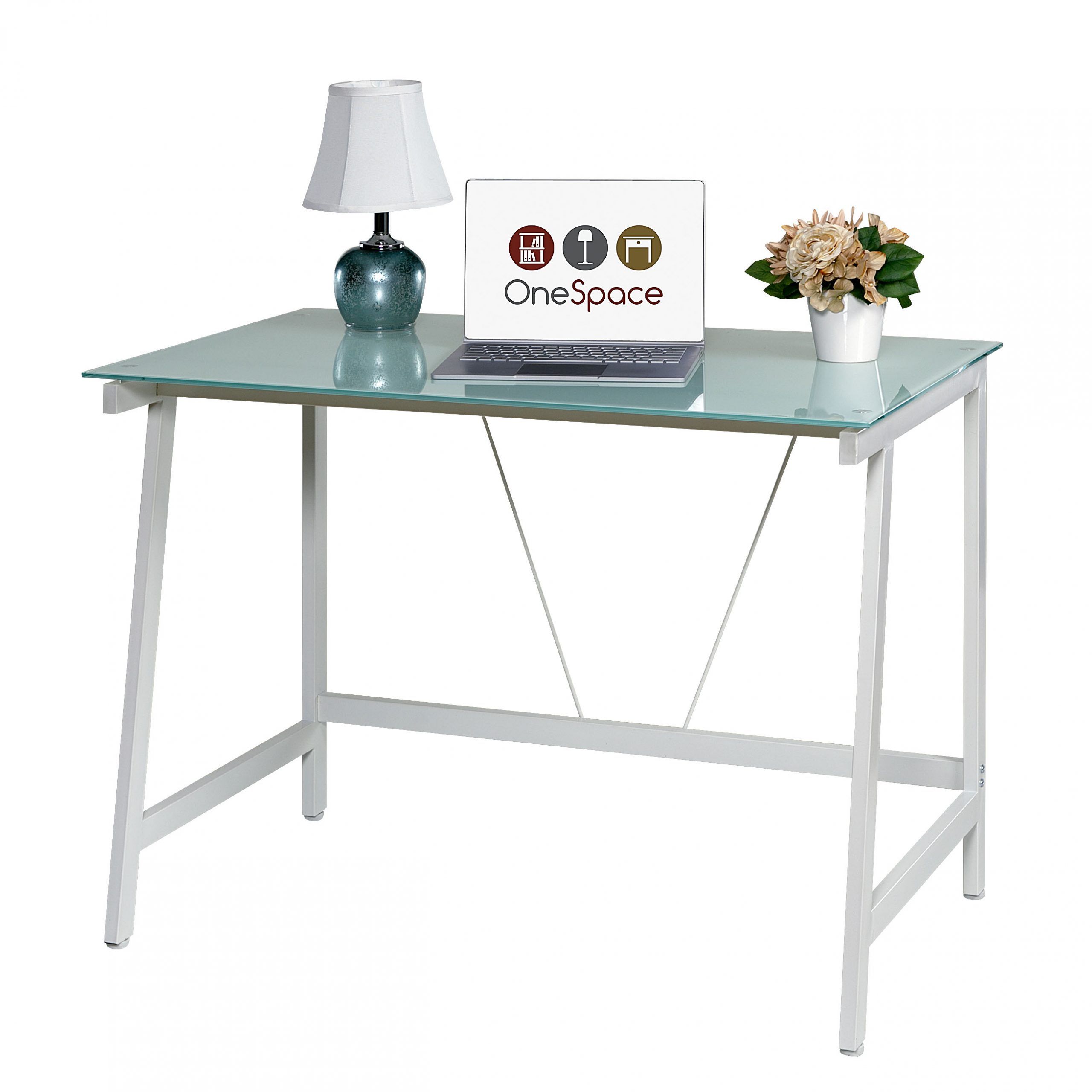 Onespace 50 Hd0107 Contemporary Glass Writing Desk, Steel Frame, White Pertaining To Glass And Walnut Modern Writing Desks (View 1 of 15)
