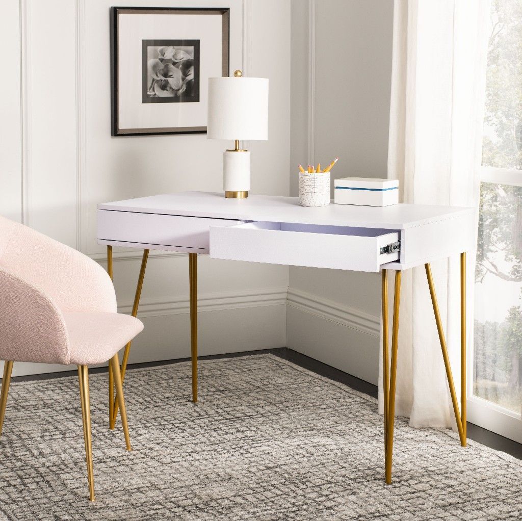 Pine Two Drawer Desk In White/gold – Safavieh Fox2238c | Desk With Intended For White And Gold Writing Desks (View 4 of 15)