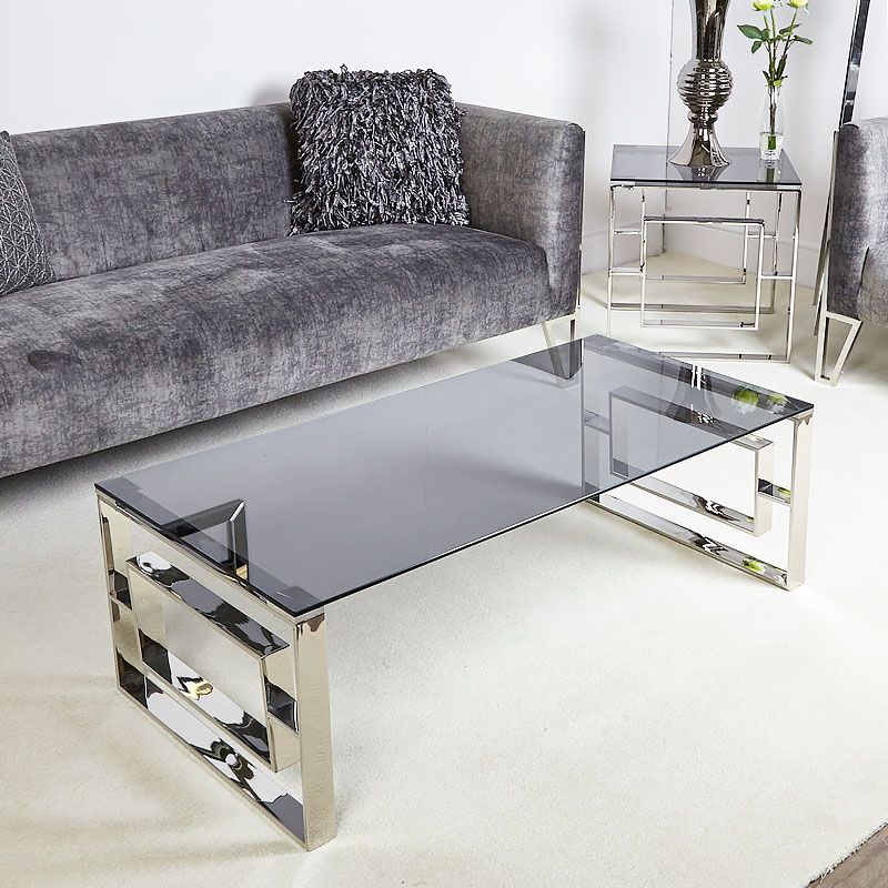 Plaza Contemporary Stainless Steel Smoked Glass Lounge Coffee Table With Stainless Steel And Glass Modern Desks (Photo 5 of 15)