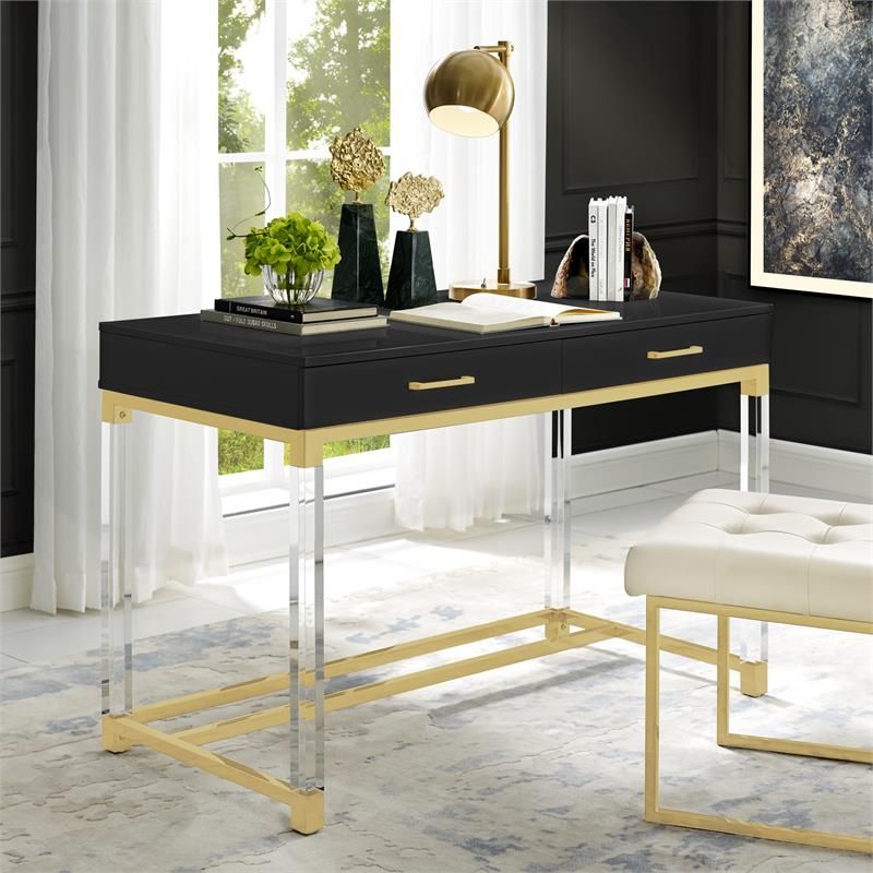 Posh Briar 2 Drawer Metal Writing Desk With Acrylic Legs In Black/gold Regarding Tempered Glass And Gold Metal Office Desks (View 6 of 15)