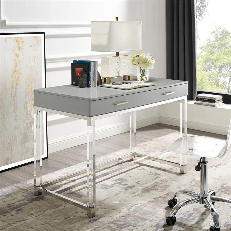 Posh Briar 2 Drawer Metal Writing Desk With Acrylic Legs In Light Gray In White Wood Modern Writing Desks (View 7 of 15)