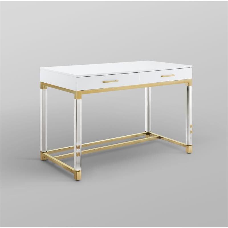 Posh Briar 2 Drawer Metal Writing Desk With Acrylic Legs In White/gold Regarding Lacquer And Gold Writing Desks (View 6 of 15)