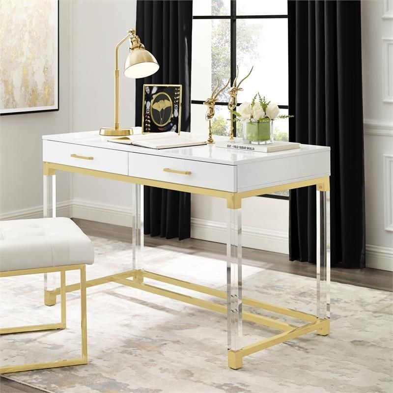 Posh Briar 2 Drawer Metal Writing Desk With Acrylic Legs In White/gold Within White And Cement Writing Desks (View 5 of 15)