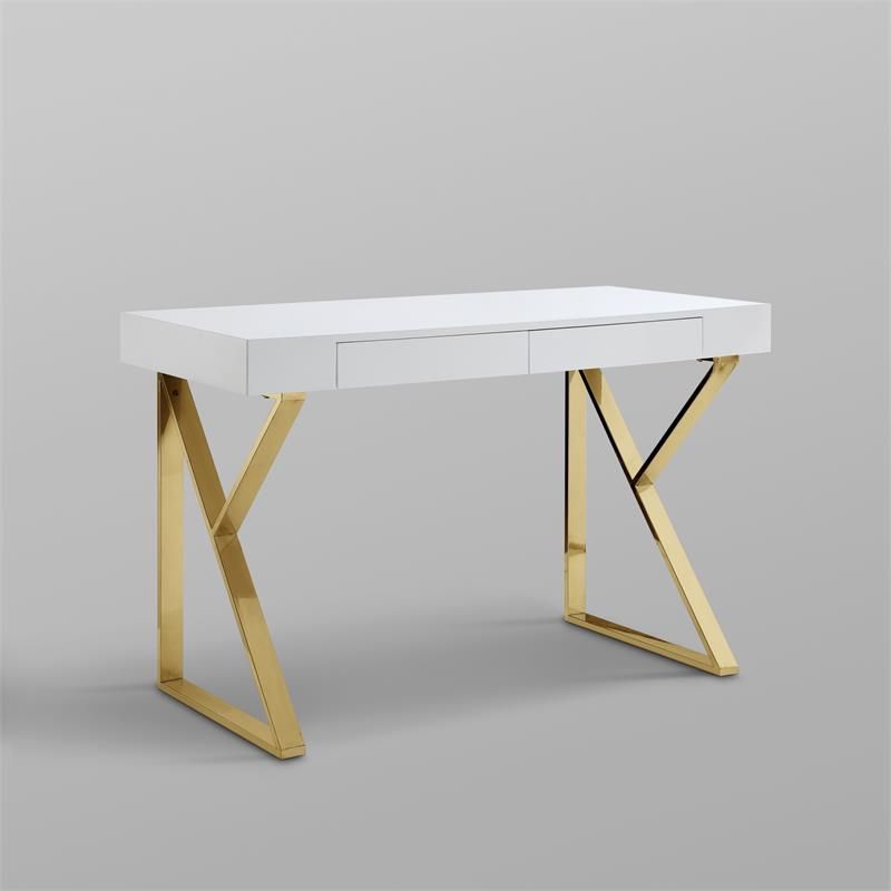 Posh Dianna 2 Drawer Writing Desk With Stainless Steel Legs In White Intended For White And Gold Writing Desks (View 15 of 15)