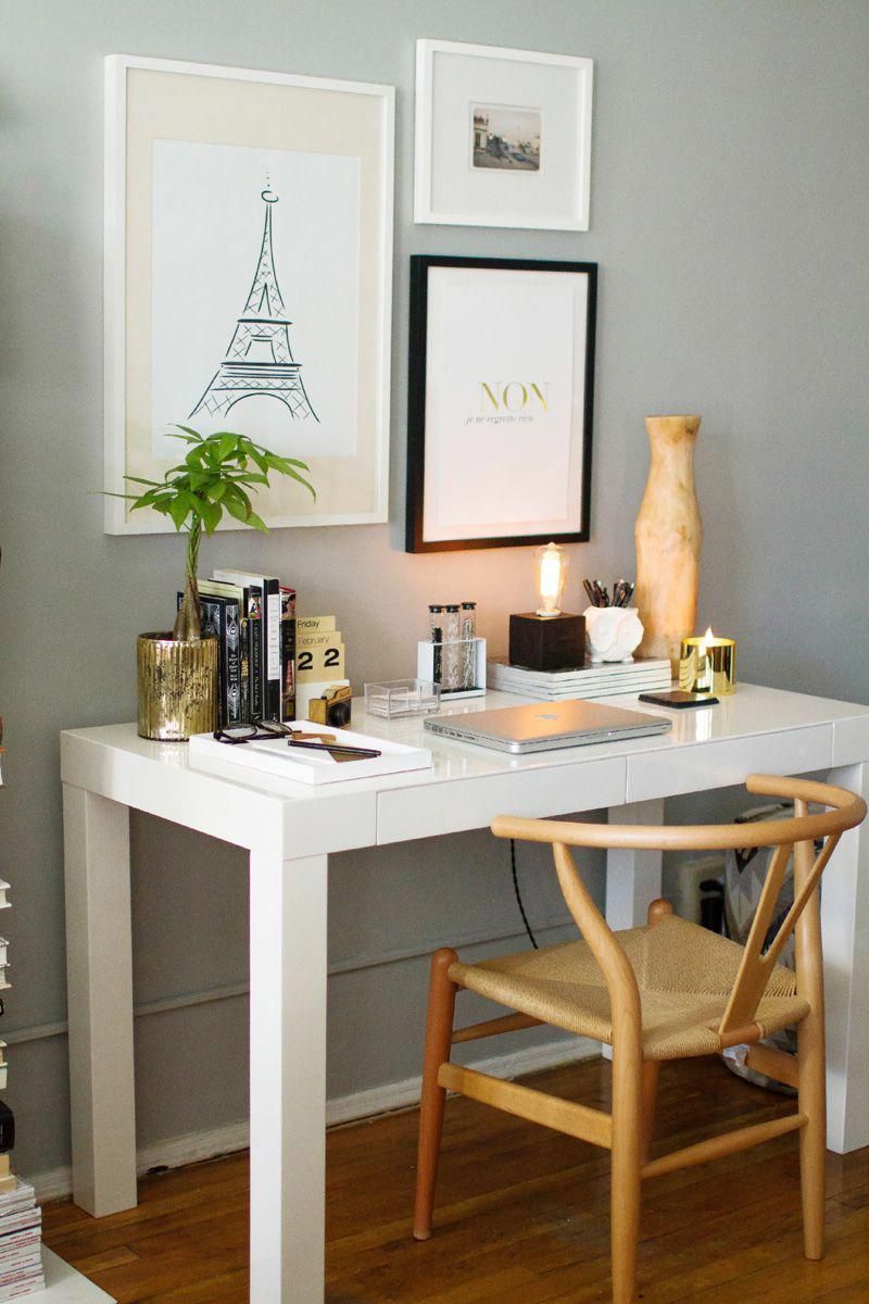 Pretty + Simplehow To Style A West Elm Parsons Desk // White Lacquer Regarding Gray And Gold 2 Drawer Desks (View 14 of 15)