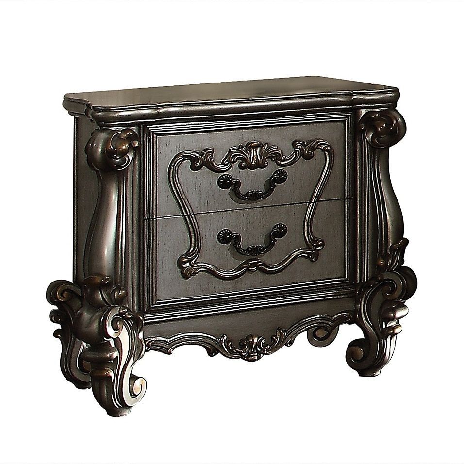Raised Scrolled Trim 2 Drawer Wooden Nightstand In Antique Platinum In Brushed Antique Gray 2 Drawer Wood Desks (View 11 of 15)