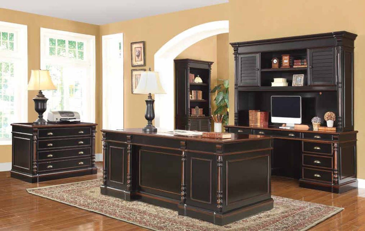 Ravenel Traditional Black Amber Wood Office Furniture Set | Office For Black And Cinnamon Office Desks (View 8 of 15)