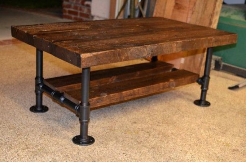 Reclaimed Solid Wood & Iron Pipe Coffee Table | Etsy In Espresso Wood And Black Metal Desks (View 6 of 15)