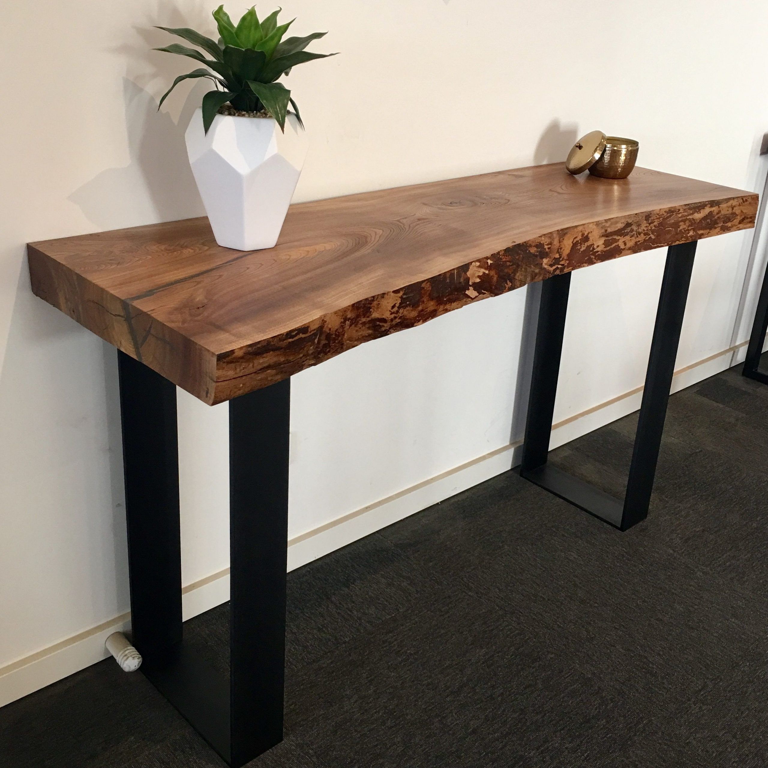Recycled Elm Slab Hall Table With Black Flat Bar Metal Legs | Entry With Regard To Matte Black Metal Desks (View 15 of 15)