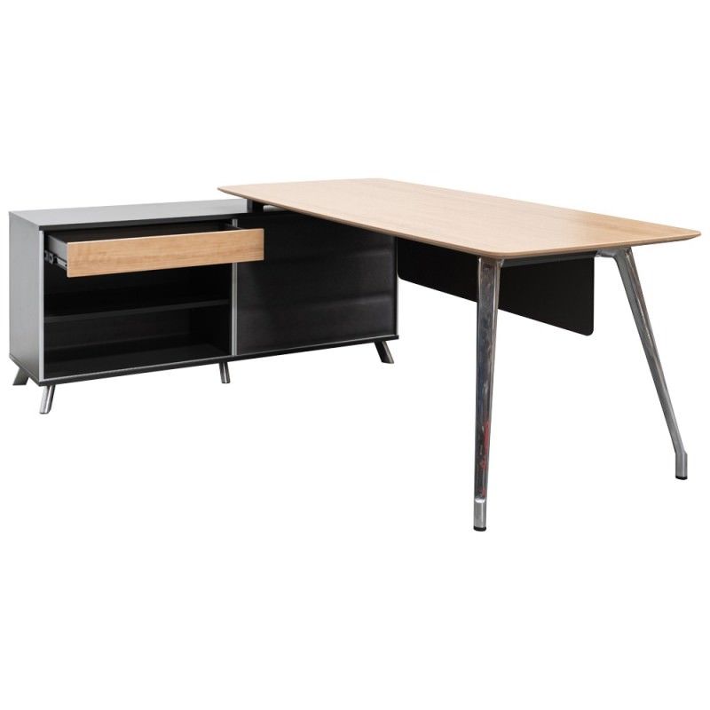 Reynolds Executive Office Desk, Left Return, 200cm, Natural / Black Throughout Natural Wood And Black 2 Shelf Desks (View 2 of 15)