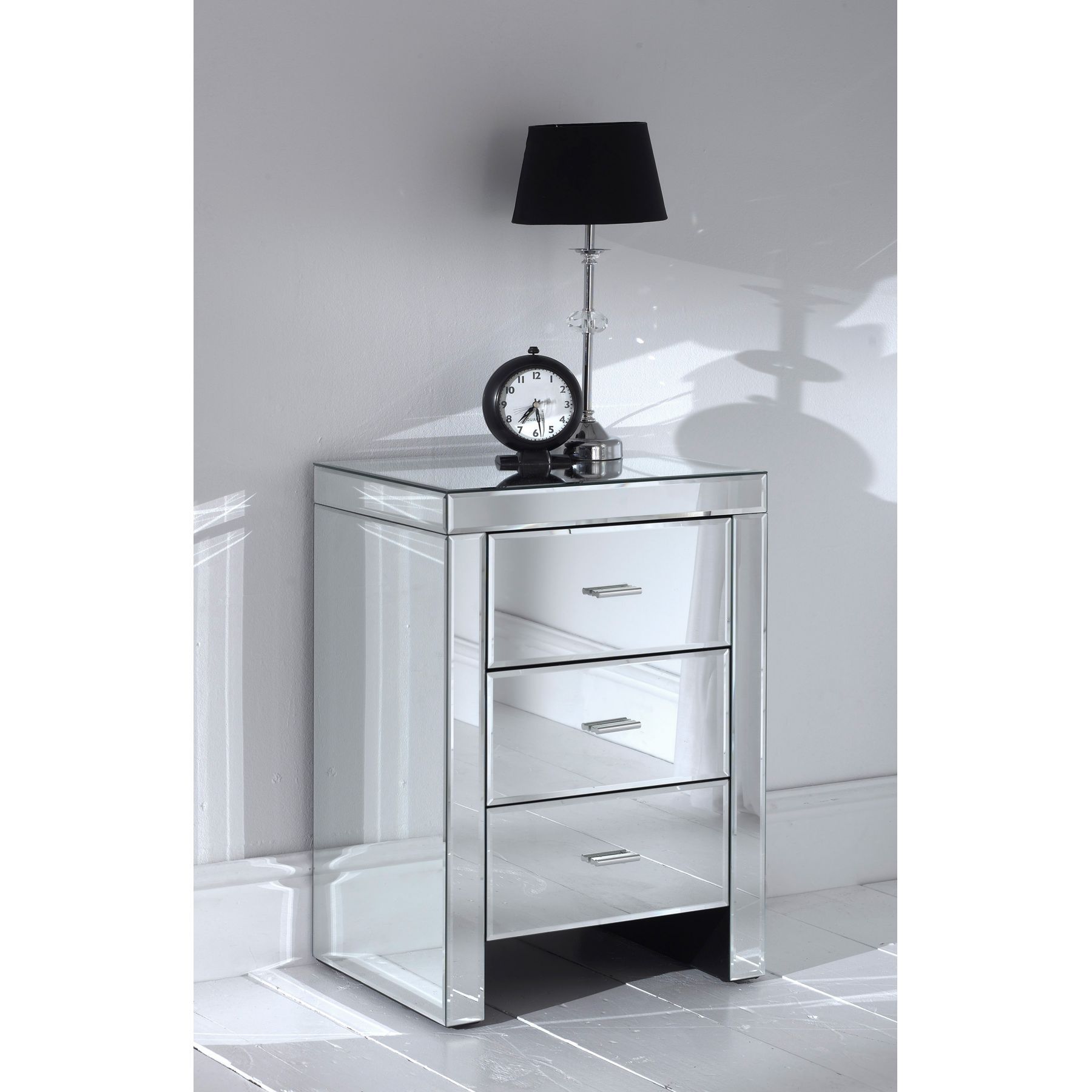 Romano Mirrored Bedside 3 Drawer | Mirror Bedside, Slim Bedside Table Inside 3 Drawer Mirrored Small Desks (View 11 of 15)