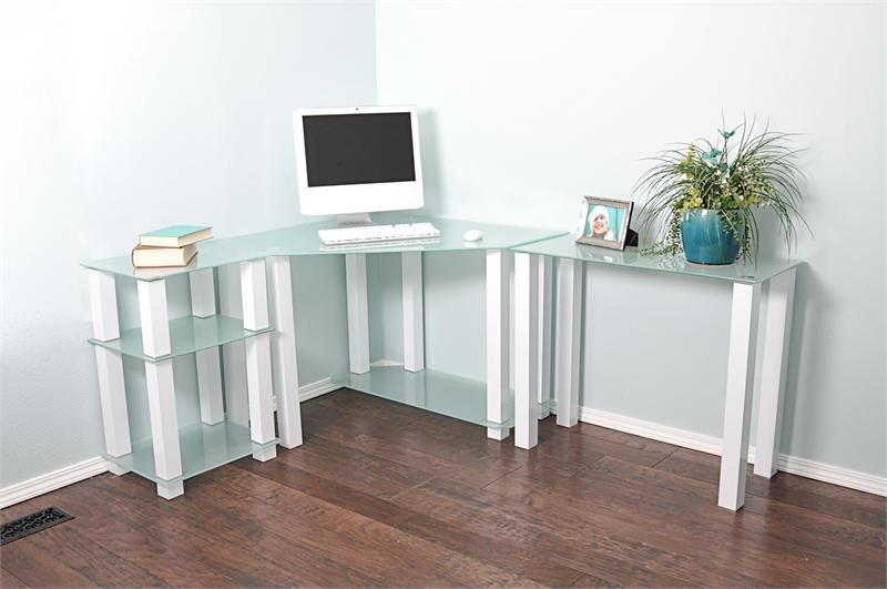 Rta Glass Corner Computer Desk With 2 Side Extension Tables White Ct 013r5w For White Finish Glass Top Desks (View 6 of 15)