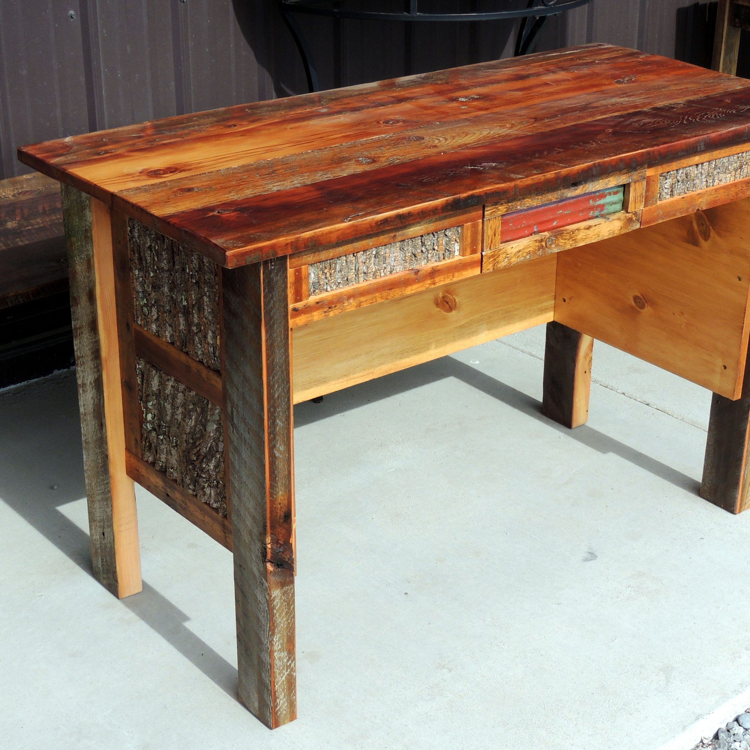 Rustic Barnwood Writing Desk With Red Tin In Drawer And Bark Inset On Regarding Rustic Acacia Wooden Writing Desks (View 1 of 15)