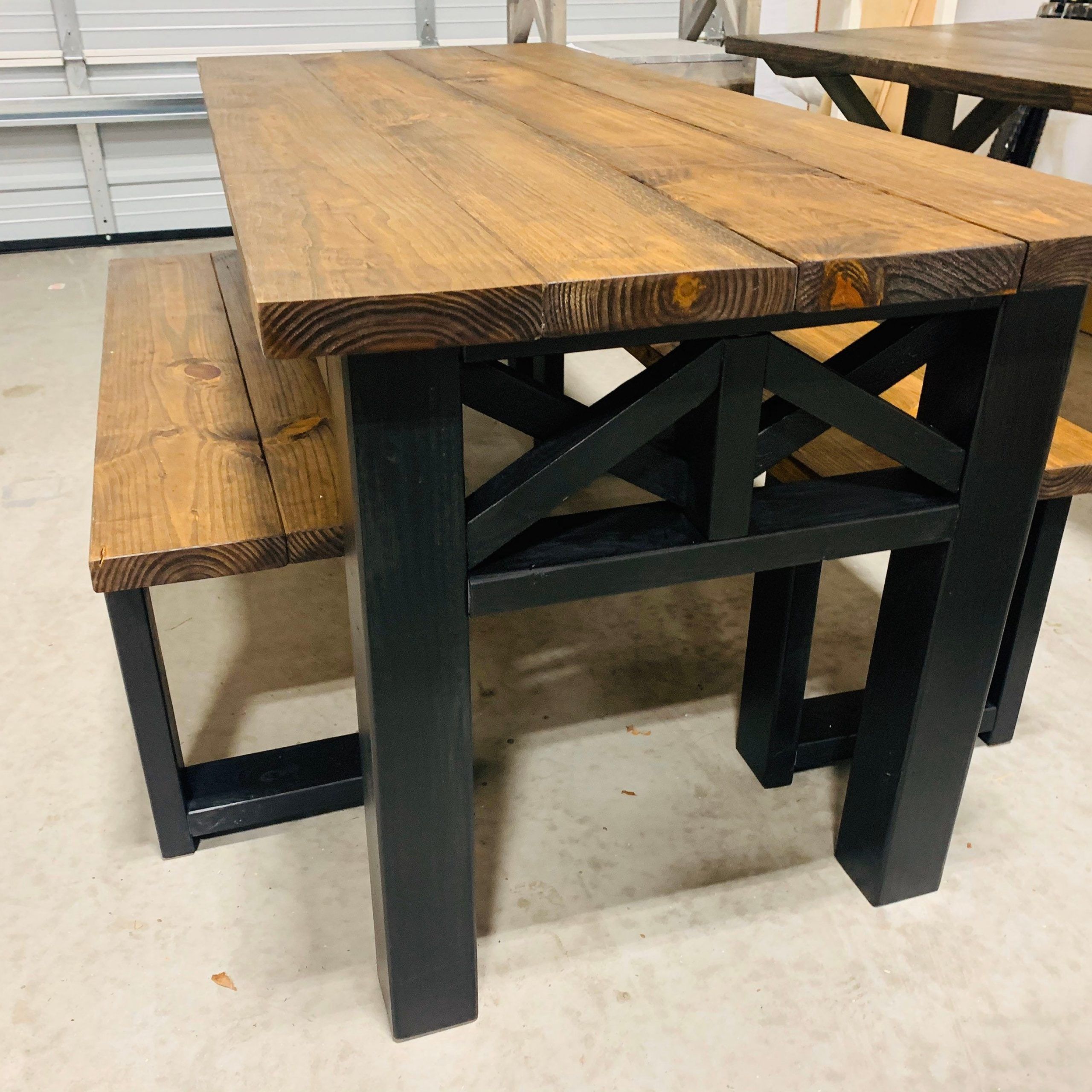 Rustic Wooden Farmhouse Table Set With Provincial Brown Top And True Throughout Wood And Dark Bronze Criss Cross Desks (View 12 of 15)