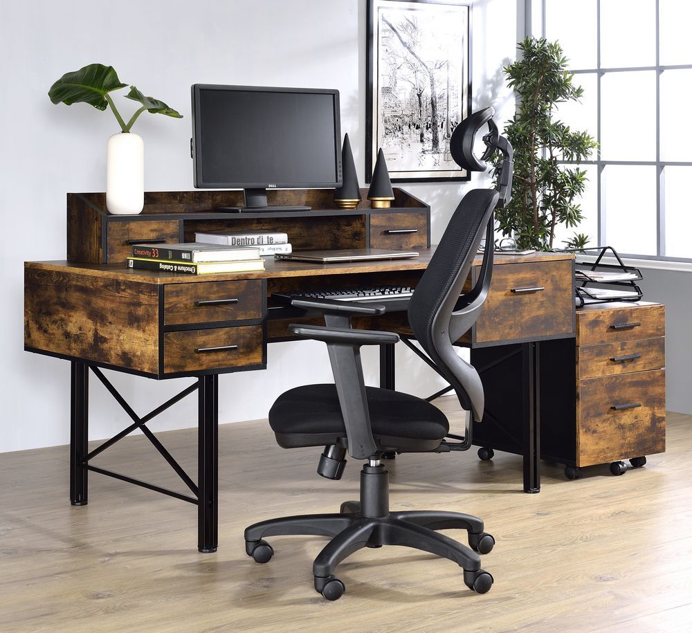 Safea Weathered Oak Wood/black Metal 5 Drawer Office Deskacme Intended For Hwhite Wood And Metal Office Desks (View 4 of 15)