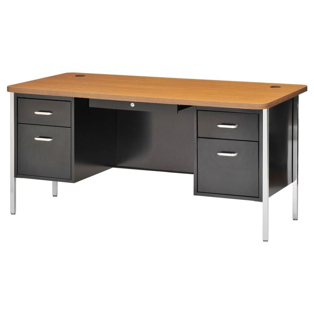 Sandusky 600 Series Double Pedestal Steel Desk In Black/medium Oak Throughout Natural Wood And Black Metal Office Desks (View 4 of 15)