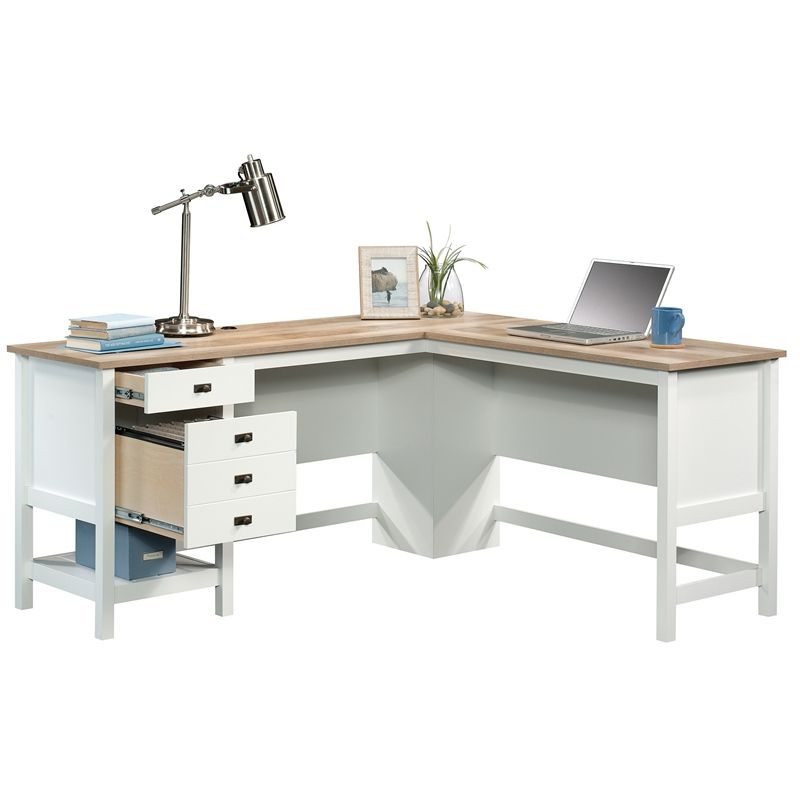 Sauder Cottage Road Engineered Wood L Shaped Home Office Desk In Soft With White Glass And Natural Wood Office Desks (View 7 of 15)